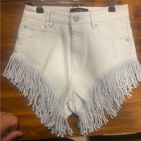 AKIRA Pants - AKIRA Light Blue Fringe Denim Shorts NWT Size Small Festival Western